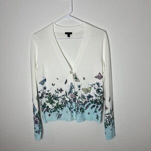 Talbots Sweater Womens Small White Blue Floral Butterfly Cardigan Button Spring